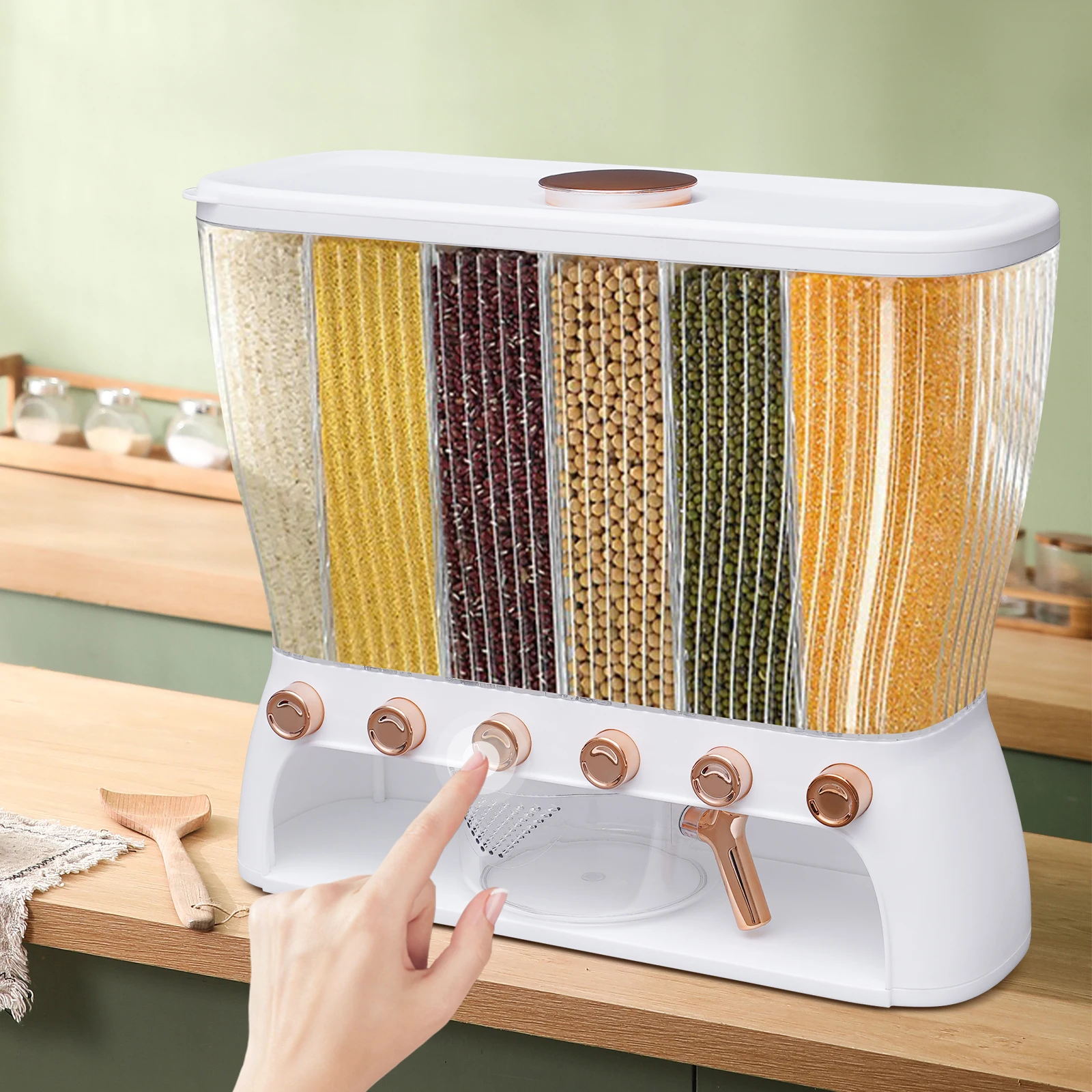 Dry Food Dispenser Wall mounted 6 Grid Beans Dispenser Rice dispenser Kitchen Storage with Measuring Cup