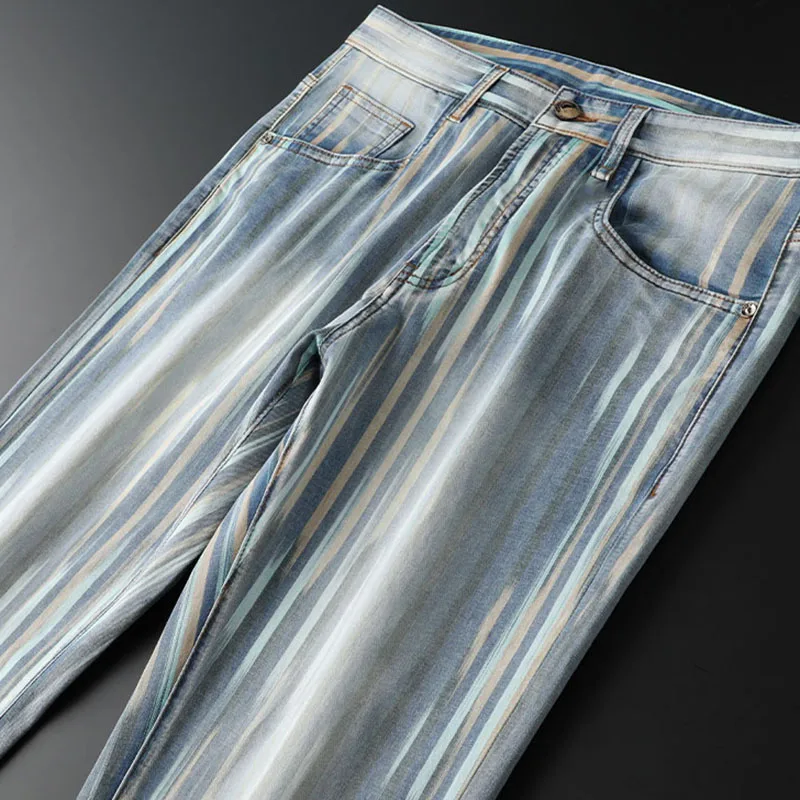 Fashionable men\'s blue personality color contrast striped jeans men slim stretch summer slim men\'s small straight leg pants
