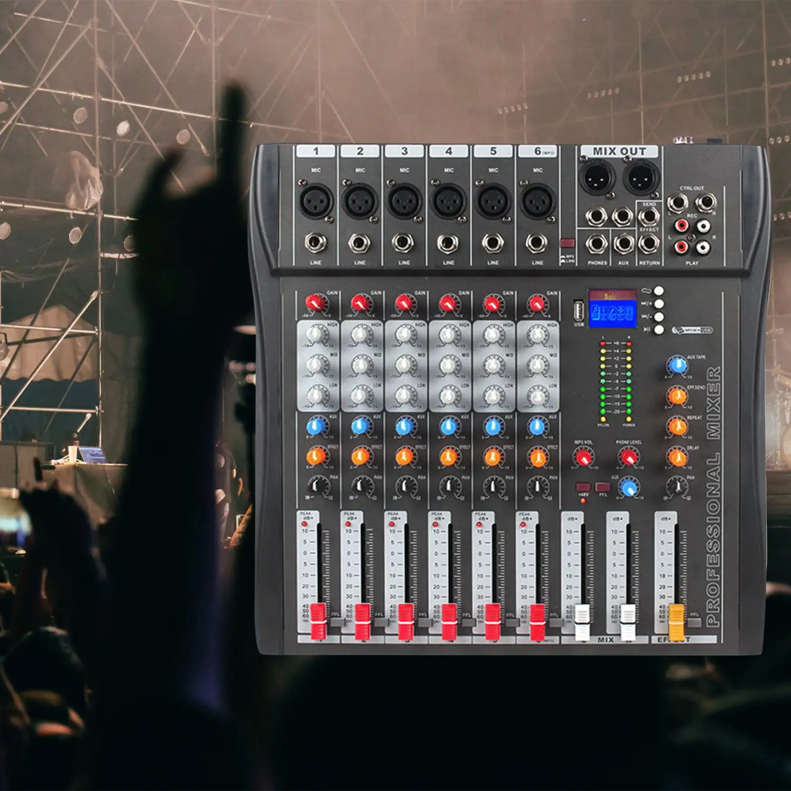 

6 Channels Audio Mixer Digital Mixer EU Plug for Recording DJ Stage for Live Studio Stereo XLR Microphone Jack 48V Phantom Power