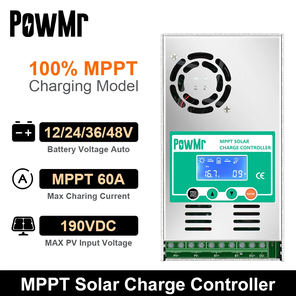 Powmr mppt 60aソーラー充電コントローラー,12v 24v 36v 48v,LCDディスプレイ付き鉛蓄電池,最大pv 190vdc入力  AliExpress