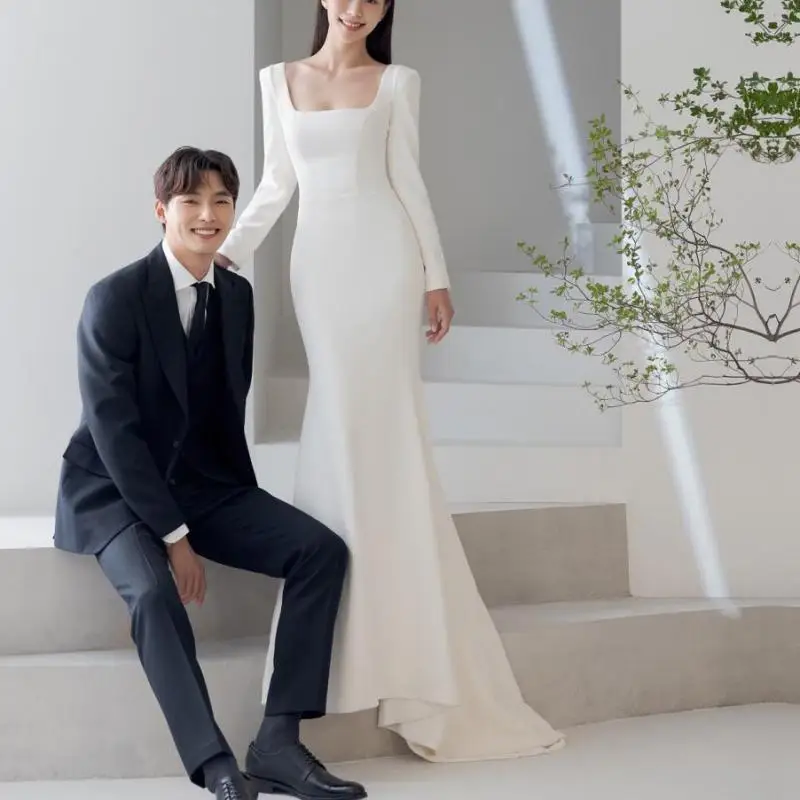 Elegant Mermaid Wedding Dresses With Long Sleeve Fashion Square Collar Simple Vestidos 2024 New Satin Bridal Dress Customized 2