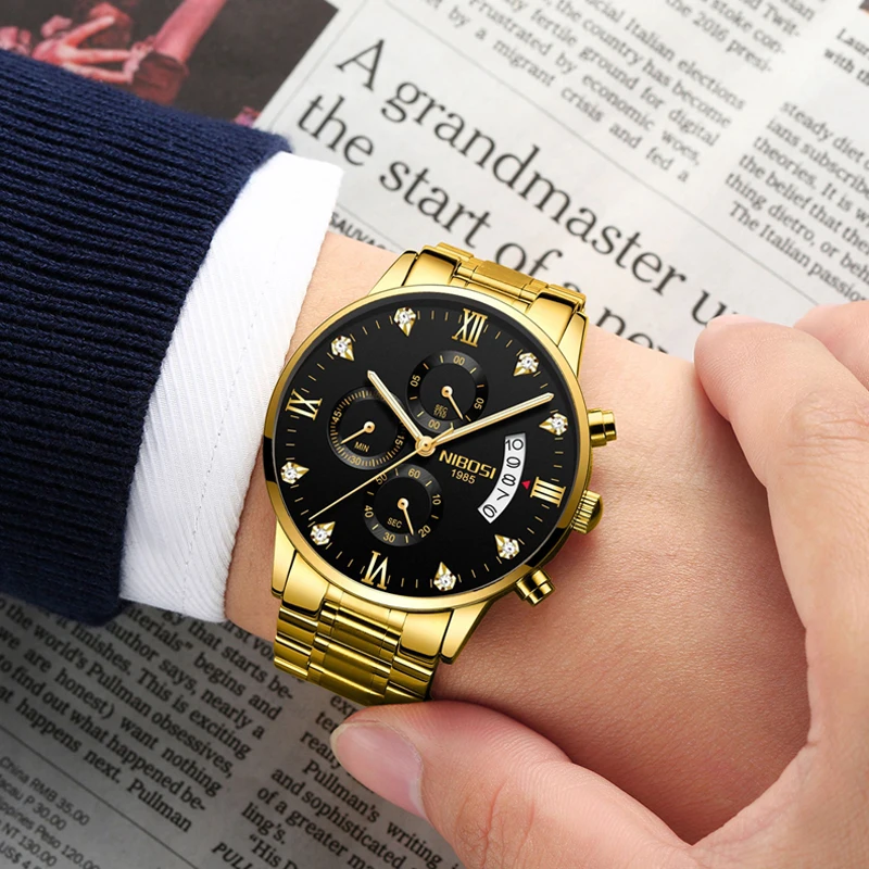 NIBOSI New Mens Watches Top Brand Luxury Diamond Quartz Watch for Men Stainless Steel Chronograph Wristwatches Relogio Masculino