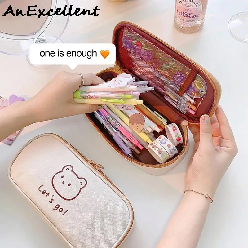 

Canvas GOOD LUCK Bear Pencil Bag Large-Capacity Niche Junior And High School Students Pencil Case Bag Stationery Storage Box