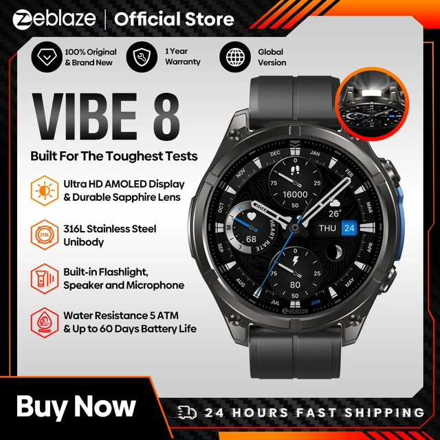 NEW 2025 Zeblaze VIBE 8 Voice Calling 1.43" AMOLED Display Smart Watch Built-in Flashlight Heart Rate Blood Pressure Smart Watch