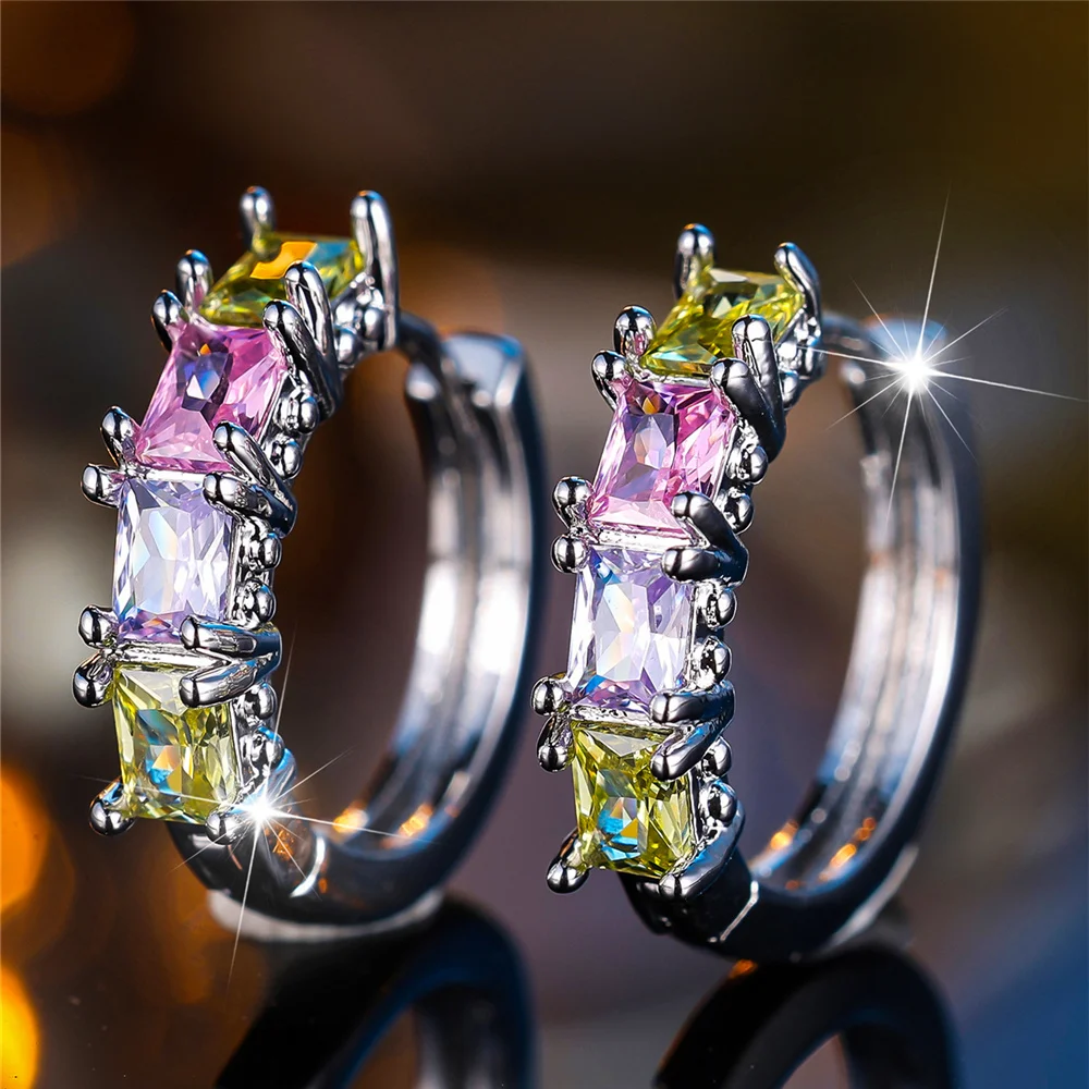 Crystal Blue Green Rainbow Zircon Stone Square Hoop Earrings For Women Fashion Female Silver Color Wedding Jewelry