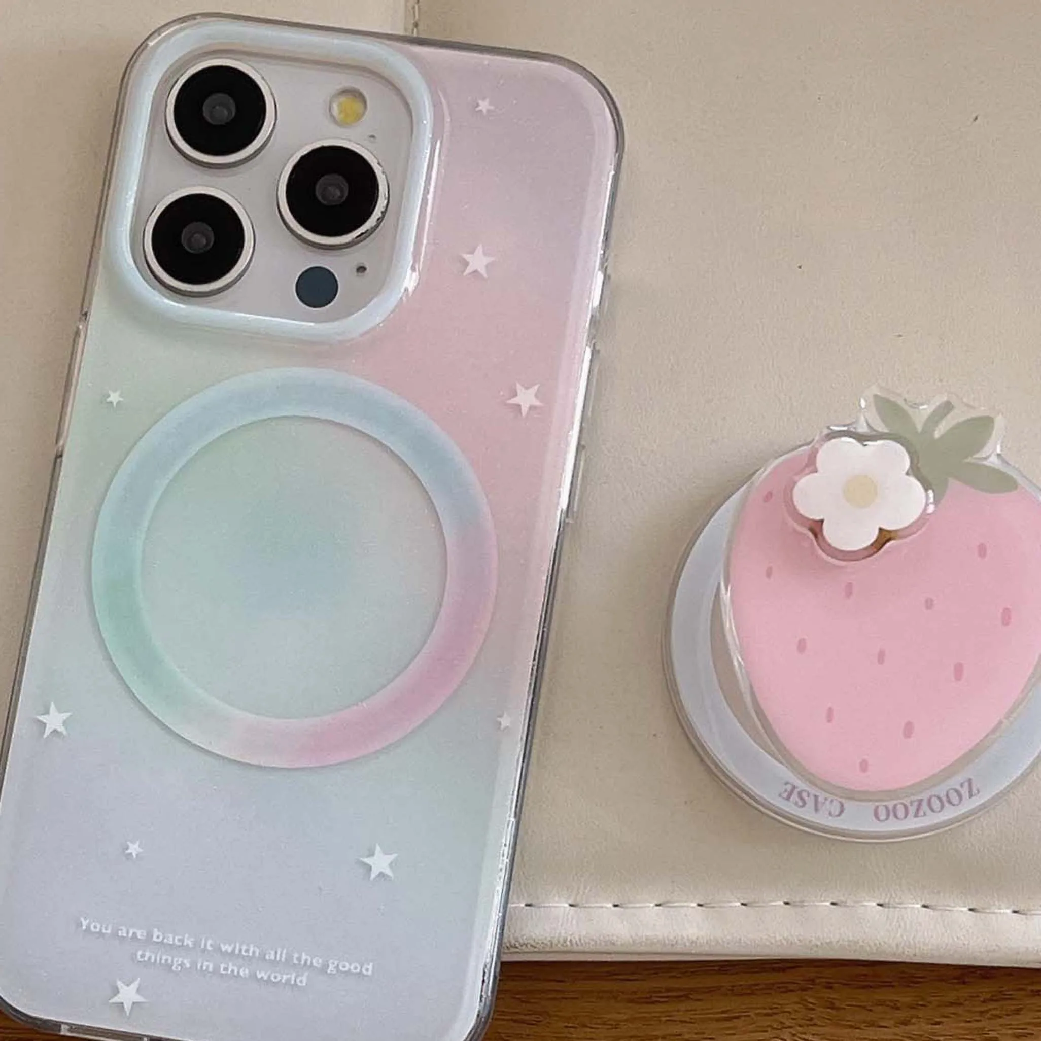 Gradient Shell Magnetic Stand Holder with Cartoon Strawberry Design - Cute Flower and Star Phone Case