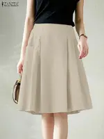 2025 ZANZEA Women Office Skirts Summer Elastic Waist Jupes Elegant A-line OL Work Faldas Saia Solid Pleated Knee Length Skirt - Image 3