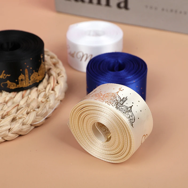 2.5cm 5Yards/roll Eid Mubarak Print Ribbons Festival Gift Wrapping Ribbon Islamic Muslim Party Decoration Supplies