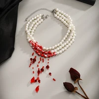 Multilayer Vintage Red Blood Pattern Imitation Pearl Tassel Pendant Necklace for Women Goth Crystal Bead Chain Halloween Jewelry 6