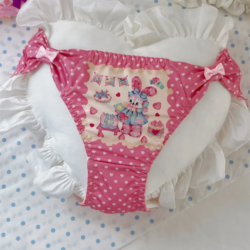Cute Rabbit Print Bow Triangle Underwear for Girls Soft Ice Silk Panties Women High Waist Lingerie Youth Innerwear Briefs