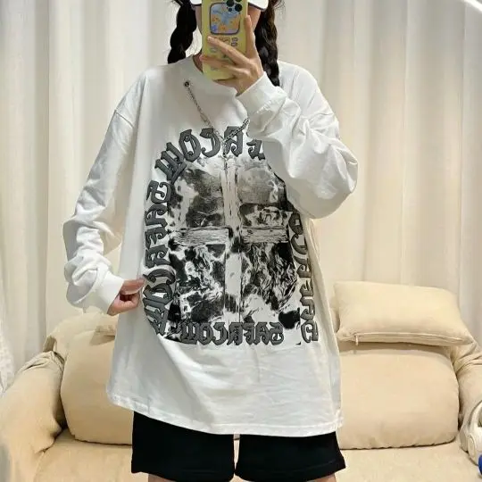 

American Hip Hop Long Sleeve Cross Letter Print Harajuku Loose Sweatshirt Pullover Fashion Casual Fall Outer Top Streetwear