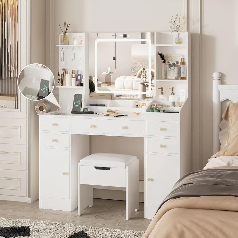 

Fameill Vanity Desk with Mirror and Lights, Makeup Vanity Table with Charging Station, 45in Vanity Set with Comfortable Bench