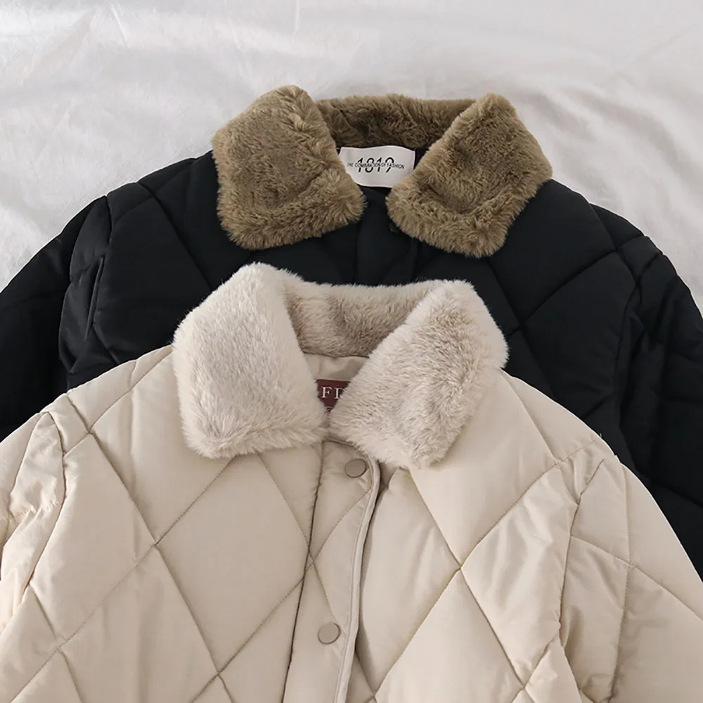 

2022 New Women Winter Jackets Fashion Diamond Lattice Long Sleeve Down Cotton Jackets Solid Thick Warm Straight Short Coat