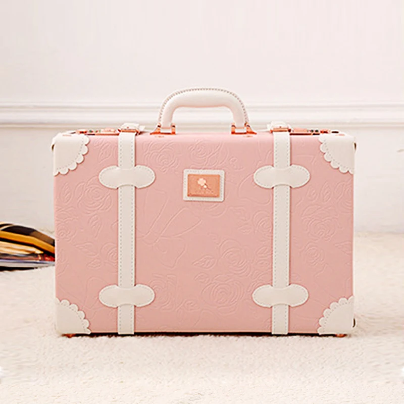New Retro white pink blue Travel Bag Rolling Luggage sets,13inch