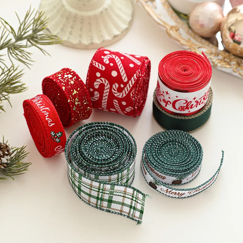 2M Red Green Christmas Ribbon Hot Stamped Linen Printed Christmas Polyester Ribbons New Years Home Decoration Bow Gift Packing