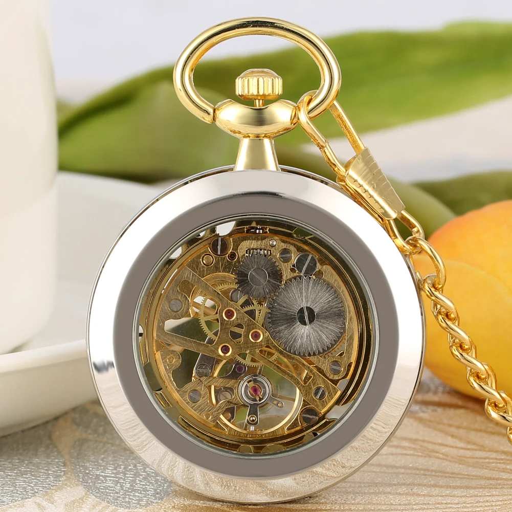 Silver Gold Transparent Hollow Mechanical Hand Winding Pocket Watch Vintage Gentleman Open Face Design Steampunk Retro Timepiece