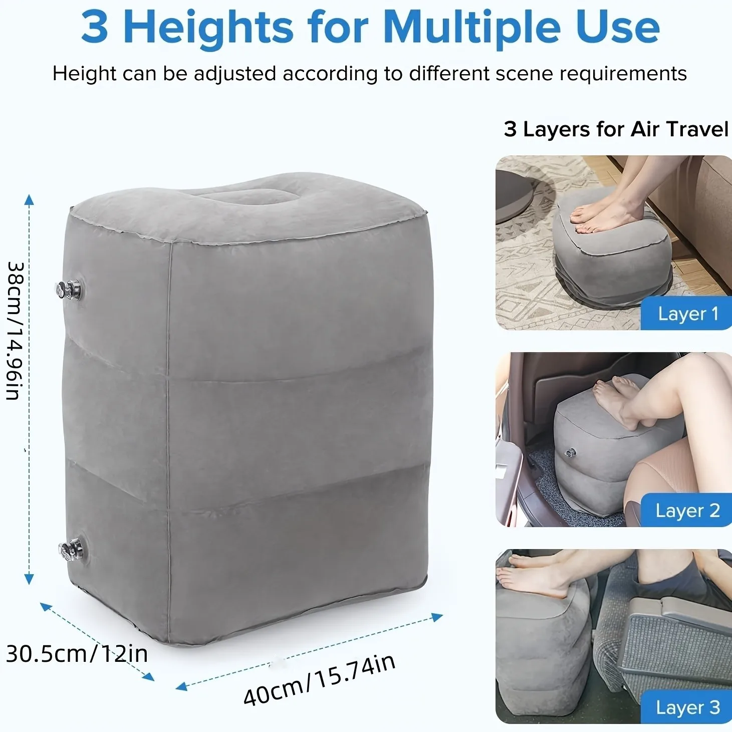 Airplane Foot Rest Travel Foot Rest Pillow Inflatable Travel Foot Rest for Airplanes Adjustable Height 3-Layer Ergonomic Folding 3