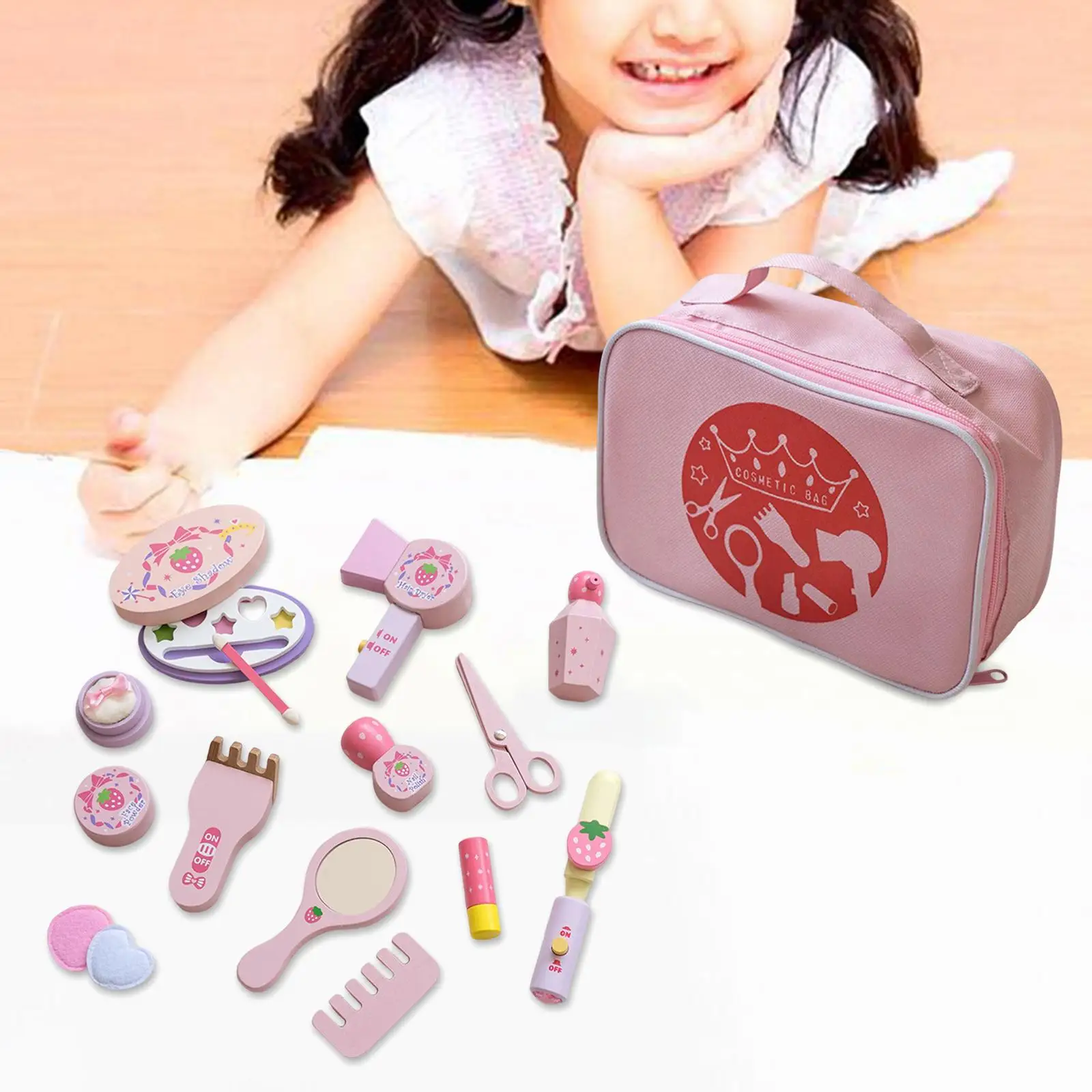 Play House Toys Set Wooden with Cosmetic Bag Lifelike for Role Play Toddler