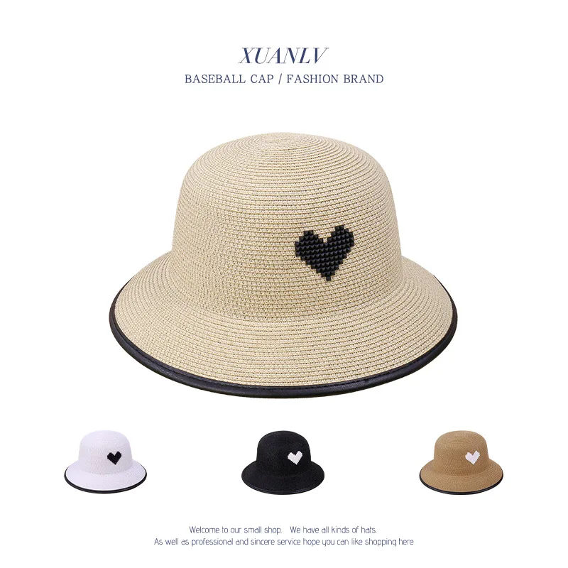 

Love Round Flat Top Straw Beach Hat Lady Boater Sun Caps Panama Straw Fedora Women's Travel Sun Cap Breathable Sunhat