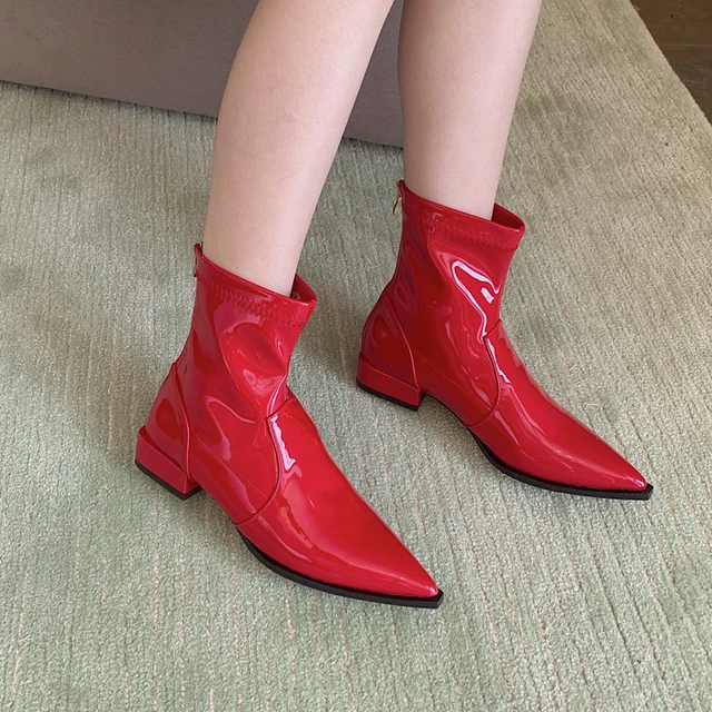 Botines rojos de tacón bajo para mujer, botas Chelsea de estrecha, botas cortas de charol blanco, zapatos negros informales de tacón - AliExpress Mobile