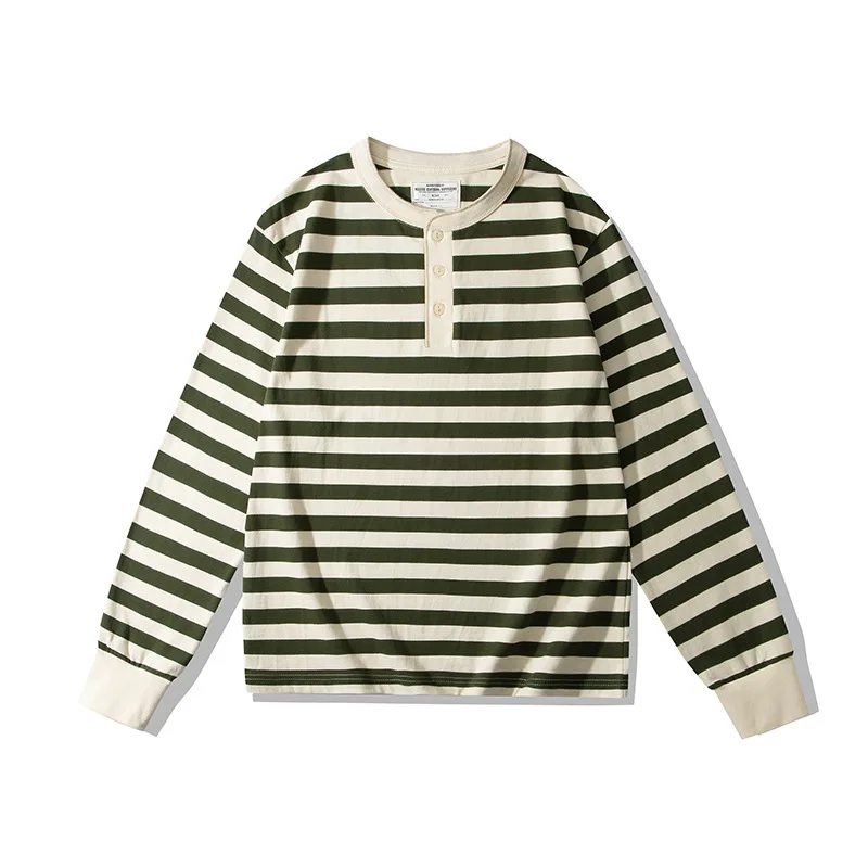 OKONKWO 230g Heavy Weight Long Sleeve Striped Henry Collar T-shirt Deck Shirt TEE Outdoor Trekking Travel Fitness Sports Clothes sport t shirt,long sleeve t shirt