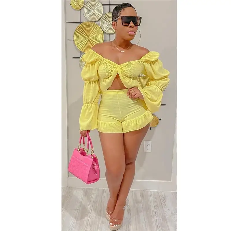 

Langmao Summer Ruffle 2 Piece Set Women Casual Solid Pleated Petal Sleeve V Neck Top Shorts Suit 2 Piece Outfit Women --------