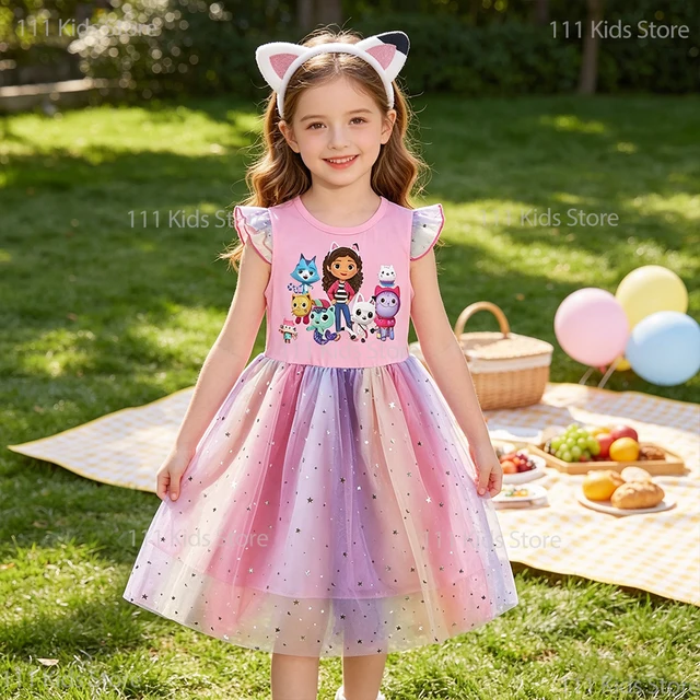Robes d'été pour filles, robe de princesse en maille à manches volantées, costume de cosplay Gaby pour enfants + bandeau, cadeau d'anniversaire 1