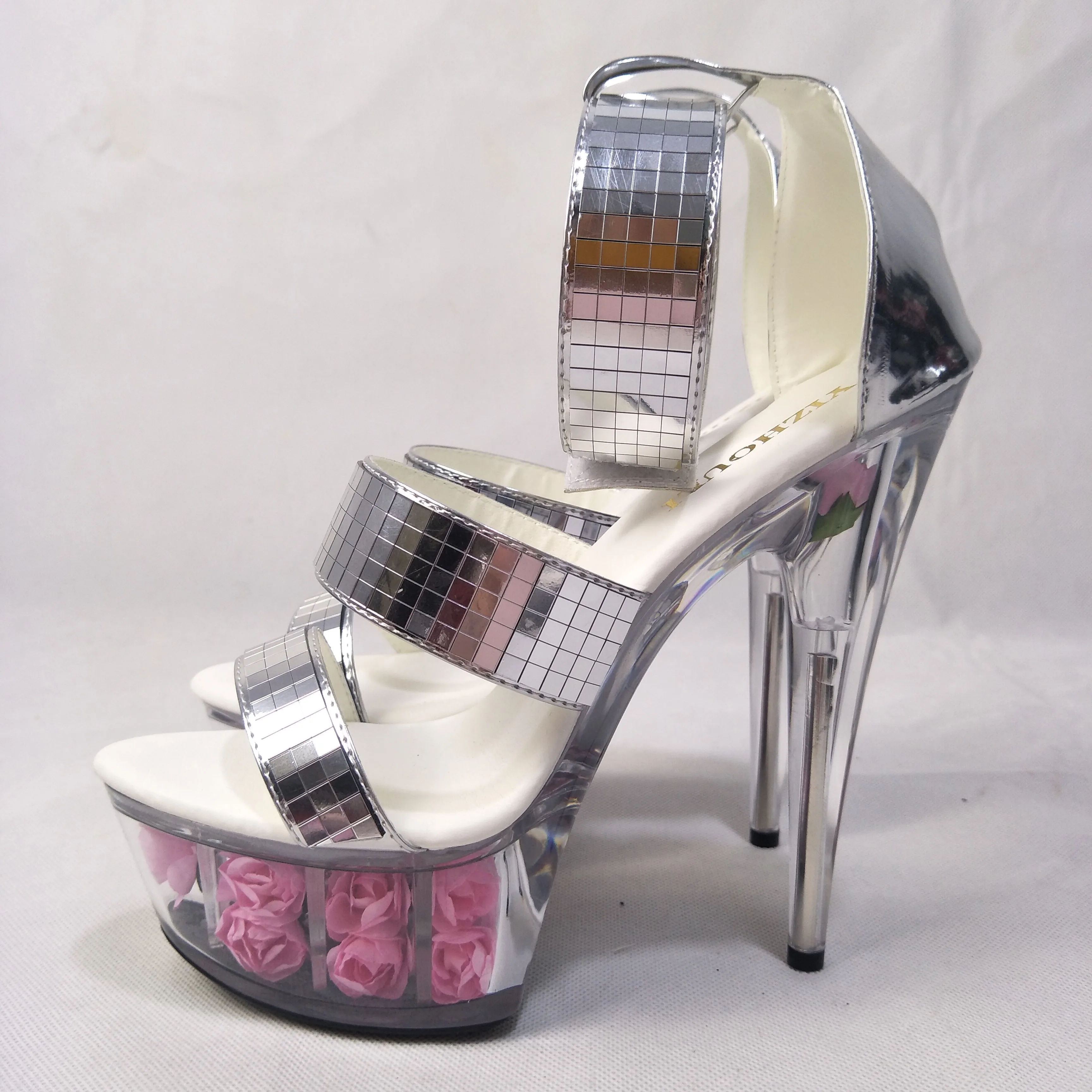 

6 inches transparent flower waterproof platform, 15 cm thin heel, sexy silver sequined heels, wedding party dance shoes