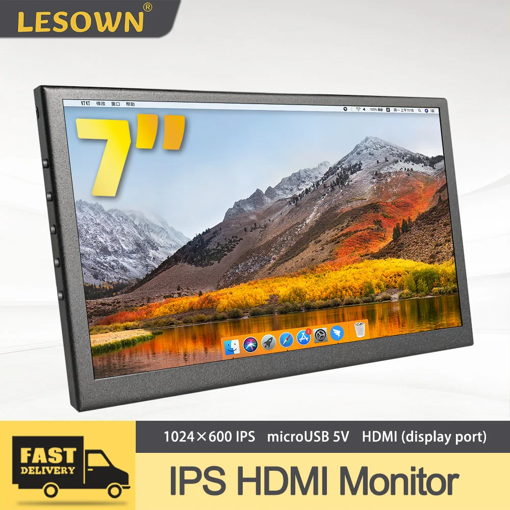

LESOWN 7 inch Monitor with Speakers HDMI 1024x600 IPS Portable Auxiliary Small Screen Inside PC Cases Aida64 Display for Laptop