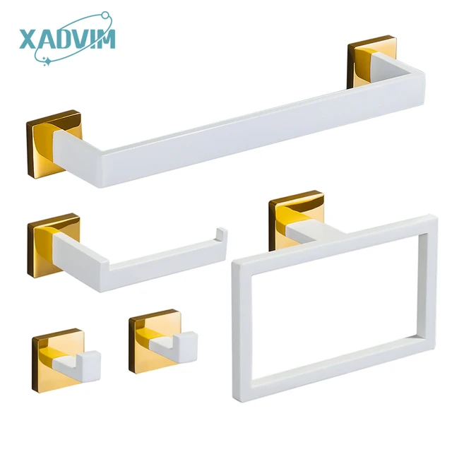 สีขาวทองชุดอุปกรณ์ห้องน้ําติดผนัง 304 ผ้าเช็ดตัวสแตนเลสผ้าเช็ดตัวแหวนผู้ถือกระดาษตะขอชุดอุปกรณ์ห้องน้ํา 1