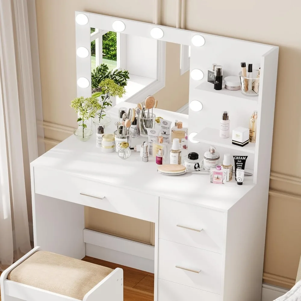 Makeup Vanity Table with Lighted Mirror,Makeup Vanity Desk with Storage Shelf and 4 Drawers,Bedroom Dressing Table,10 LED Lights 3