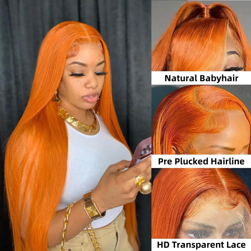 16-34 Inch 350 Ginger Orange Lace Frontal Wigs Human Hair for Women Pre Plucked with Baby Hair 250% Density HD Lace Frontal Wig