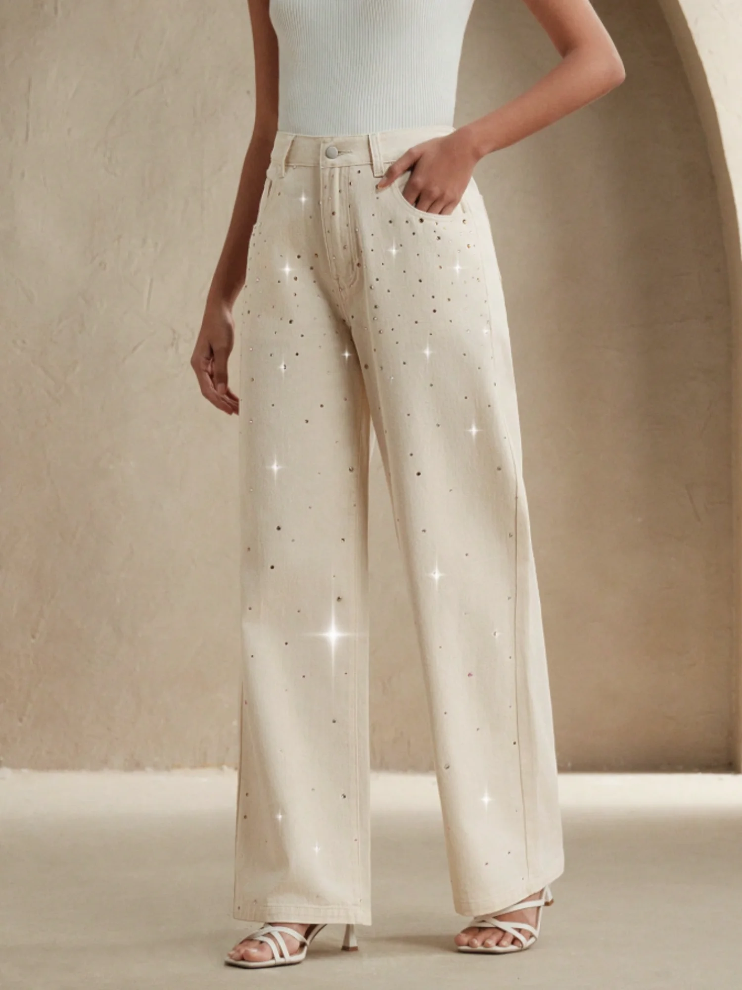 2025 autumn new style white women's wide-leg jeans with colorful diamond design loose fit slimming effect and good draping qua 4