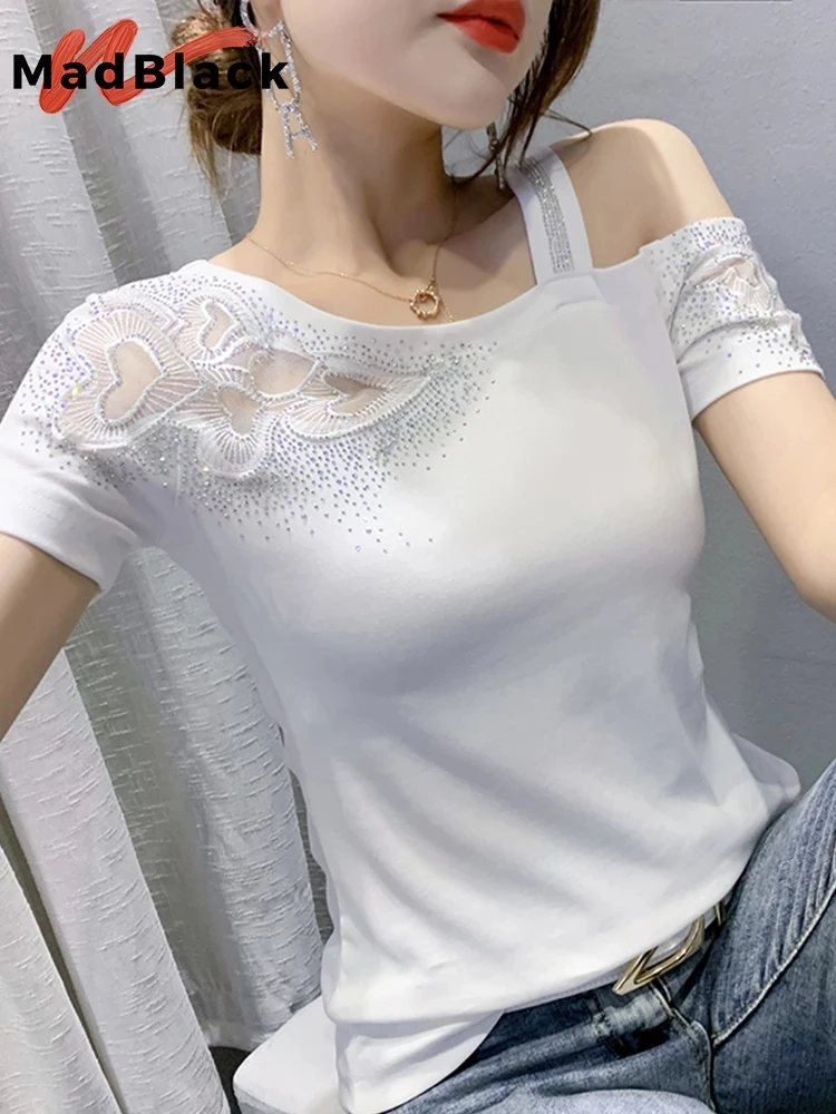 verão estilo coreano algodão camiseta chique sexy skew collar retalhos malha amor diamantes brilhantes camisetas de manga curta