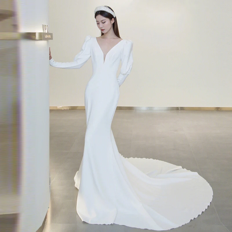 

Женское свадебное платье-Русалка It's yiiya, белое платье во французском стиле с глубоким V-образным вырезом и длинными рукавами на заказ на лето 2023