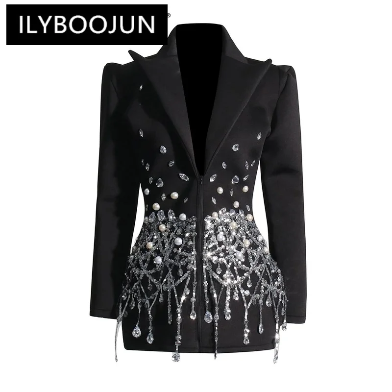 

ILYBOOJUN Patchwork Diamonds Mini Dress For Women Lapel Long Sleeve High Waist Spliced Sequins Temperament Dresses Female New