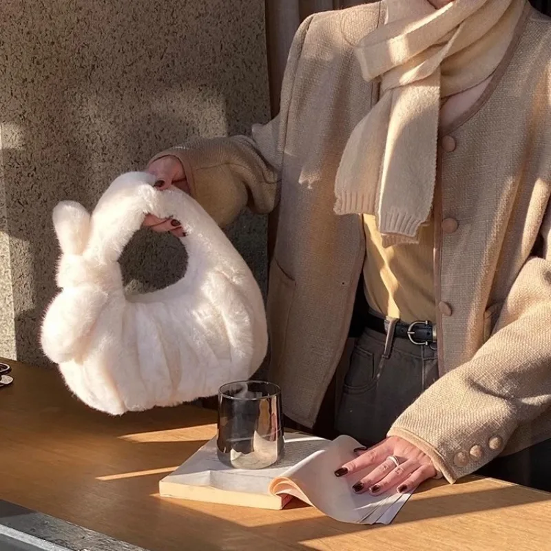Cozy Chic Women's Autumn Winter New Plush Bag - Solid Color Ruffled Cloud Handheld Versatile Plush Tote Purse for Home Use