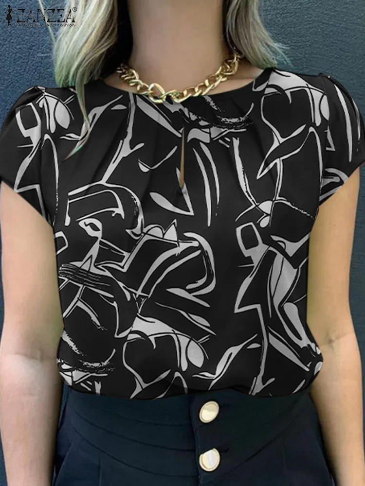 

Винтажная блузка ZANZEA в богемном стиле, женские летние топы, элегантная офисная рубашка, блузки с коротким рукавом и круглым вырезом и принтом, повседневная женская рубашка