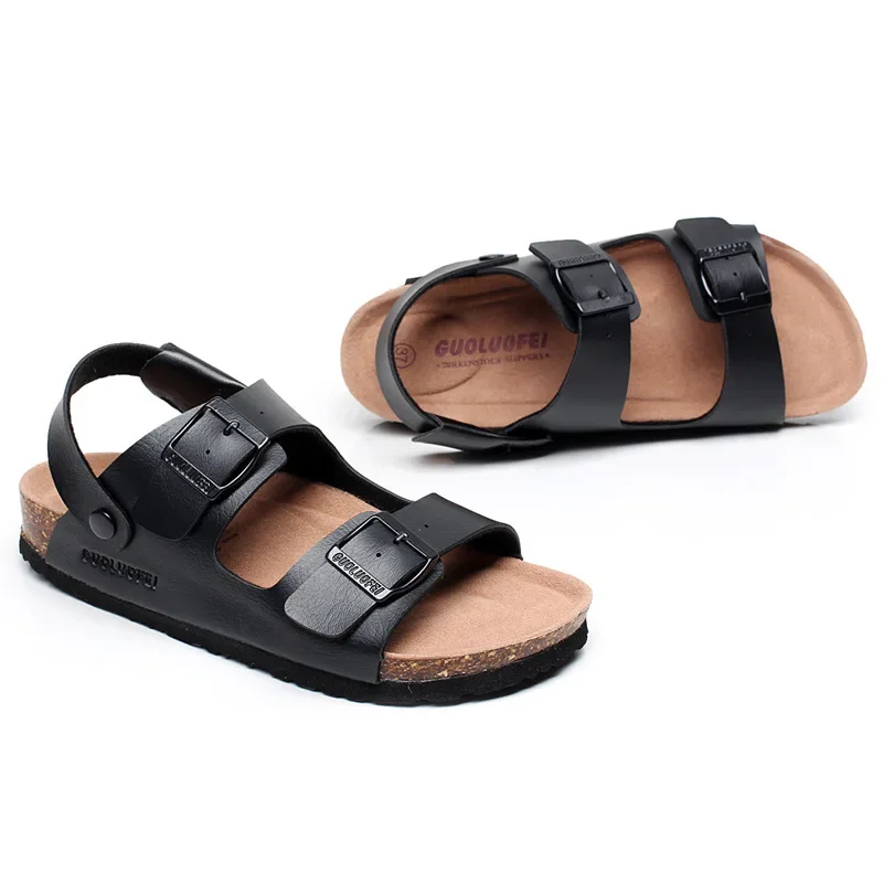 2023 New Summer Men Beach Suede Cork Slipper Couple Shoe Casual Nubuck Leather Women Outdoor Double Buckle Slide Footwear