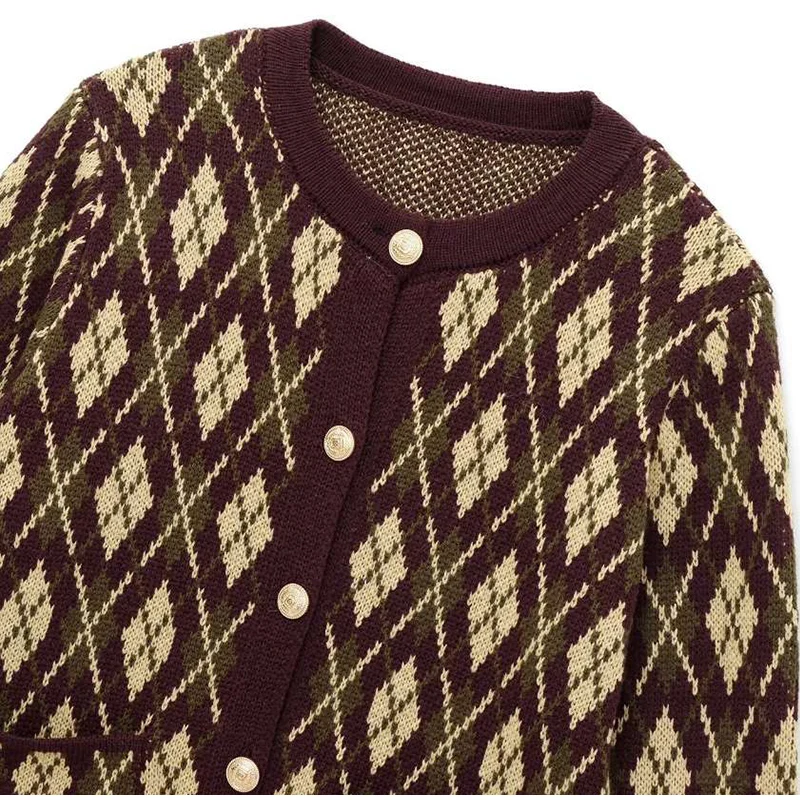 Plaid Knitted Slim Cardigan Women Autumn O-neck Long Sleeve Metal Button Short Sweater Coat Lady All-matching Knitwear New