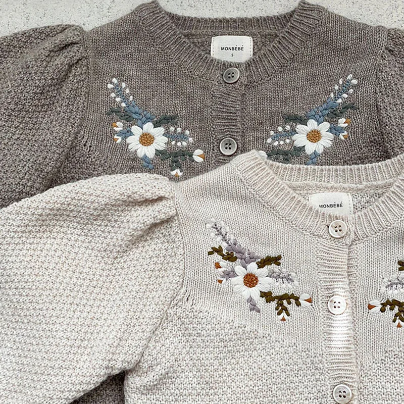Girl Retro Flower Lantern Sleeve Knitted Cardigan Toddler Girls Autumn Loose Casual Coat Kids Soft Single Breasted Sweater baby girls sweater