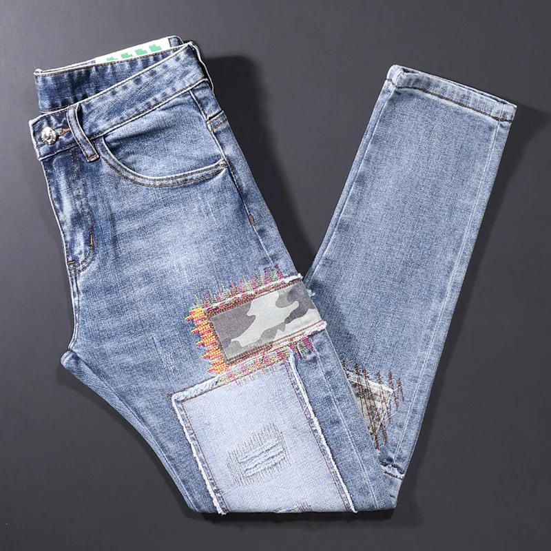 Street Style Fashion Men Jeans Retro Light Blue Elastic Slim Fit Ripped Jeans Men Patches Designer Hip Hop Denim Pants Hombre street style fashion men jeans retro black blue elastic slim fit ripped biker jeans men embroidery designer hip hop denim pants