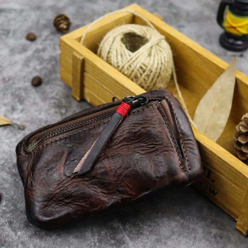 Vintage Men Genuine Leather Mini Coin Purse Card Case Holder Wallet Clutch Male Short Zipper Small Change Bag