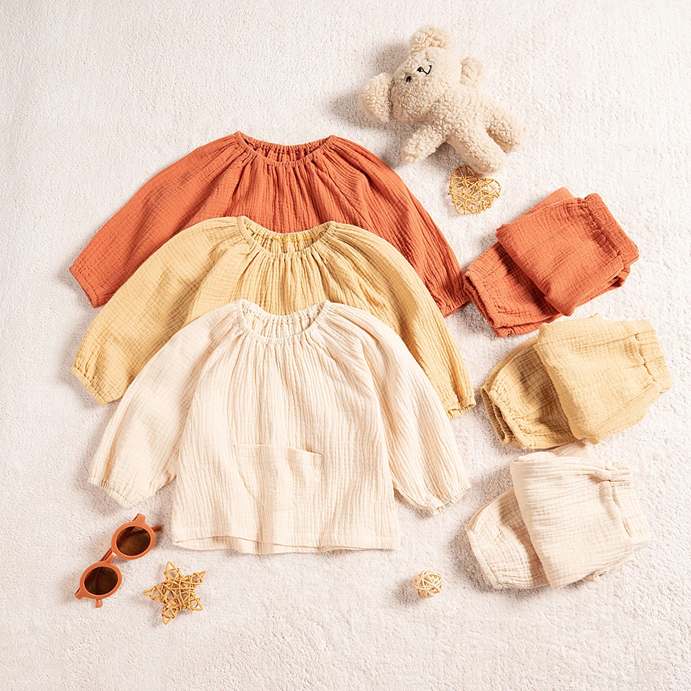 2pcs Kids Clothing Sets Autumn Children Pajamas Suit Fall Solid Boys Girls Long Sleeve Tops Trousers Linen Cotton Outfits pajamas sets,children pajamas,kids clothes sets