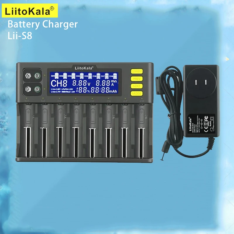

LiitoKala Lii-S8 18650 Battery charger 8-Slot Auto-Polarity Detect For 26650 21700 14500 10440 16340 1.2V 3.7V battery