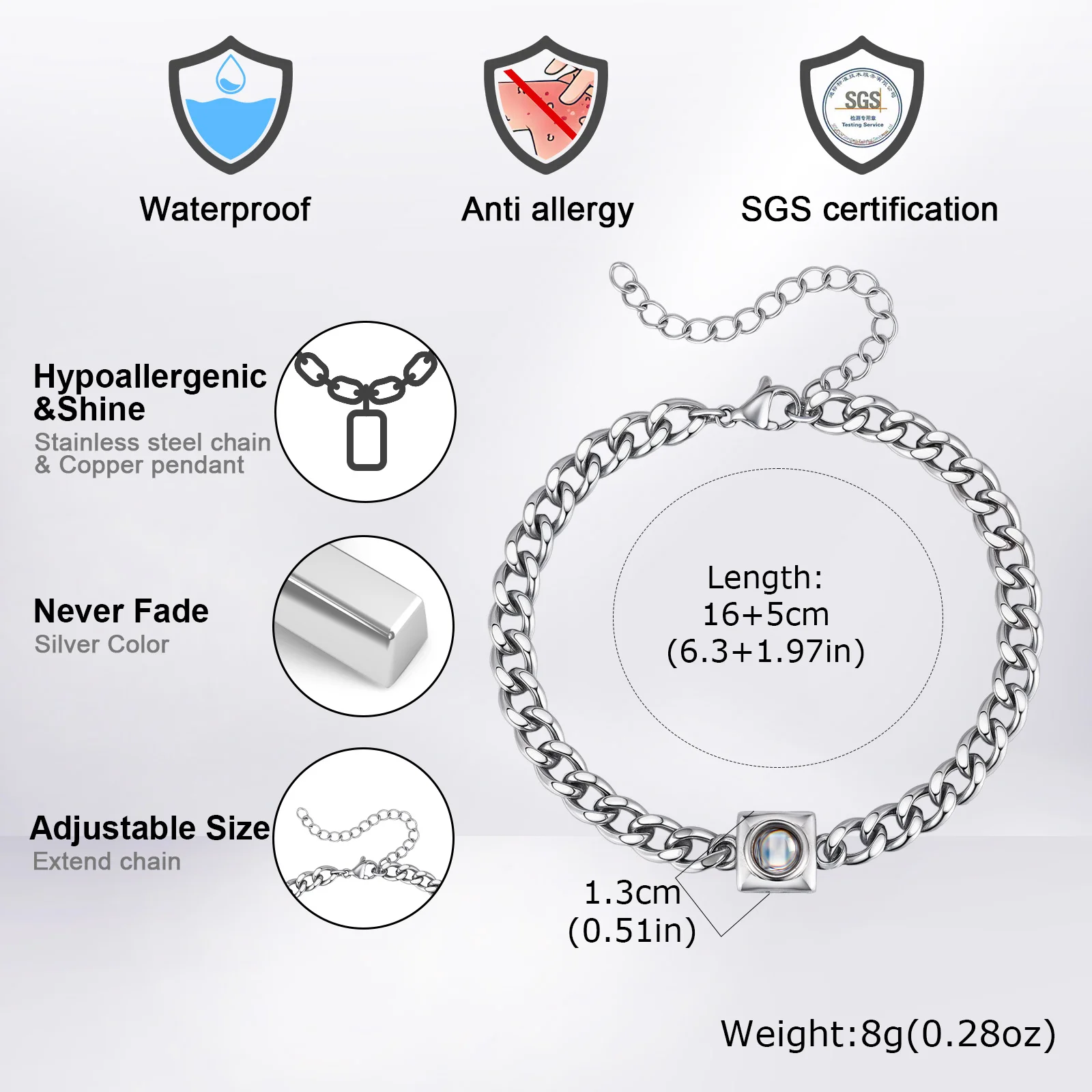 Photo Projection Stone Bracelet for Men Women,Stainless Steel Cuban Chain Wristband,Silver Gold Black Color Adjustable Chain