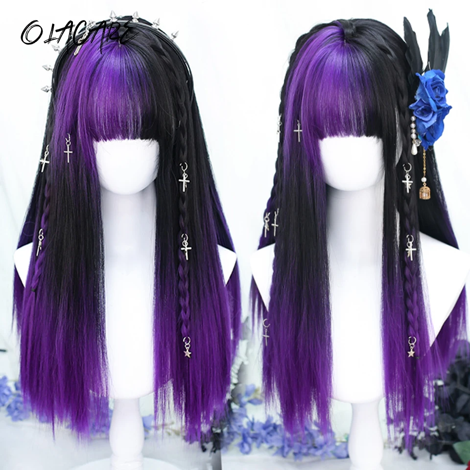 Synthetic Long Straight Blonde Brown Wig with Black Purple Bangs for Cosplay Party