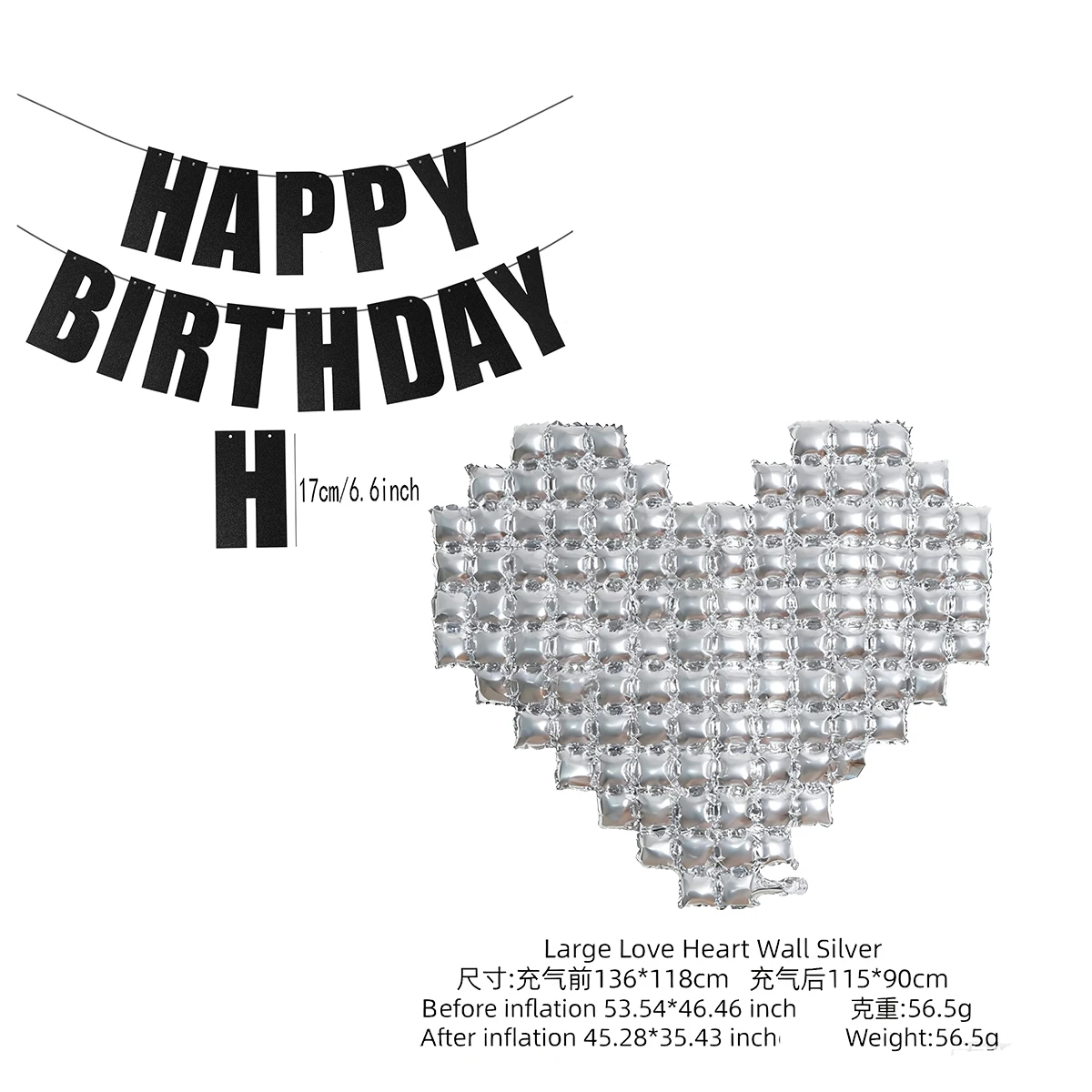 Alles Gute zum Geburtstag Dekorationen: Übergroße Ballons mit Herz-Hintergrund aus Silbermosaik und schwarzem Glitzerbanner – Detail 1