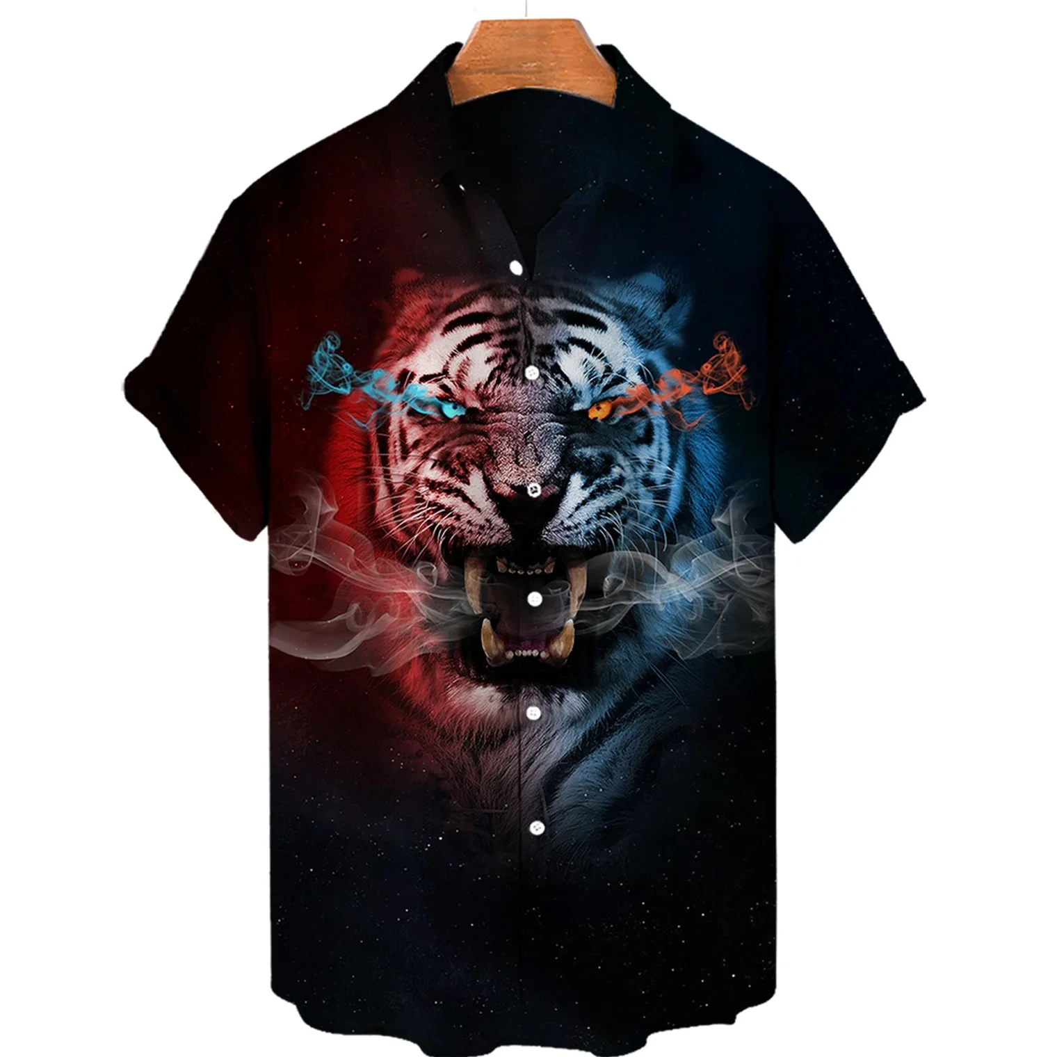 Fashionable New Summer Cool 3D Animal Tiger Shirt Hawaiian Beach Men's Short Sleeved Top With Flip Collar Large Clothing