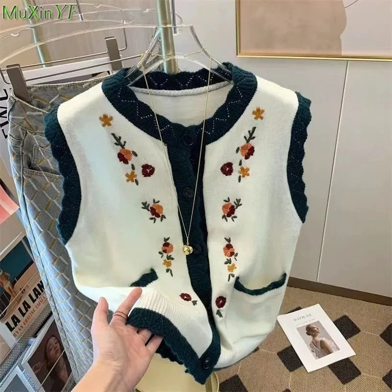 

Women Spring Autumn Prairie Chic Floral Sweater Vest 2024 New Korean Lady Sweet Embroidery Knit Tank Cardigan Casual Tops Female